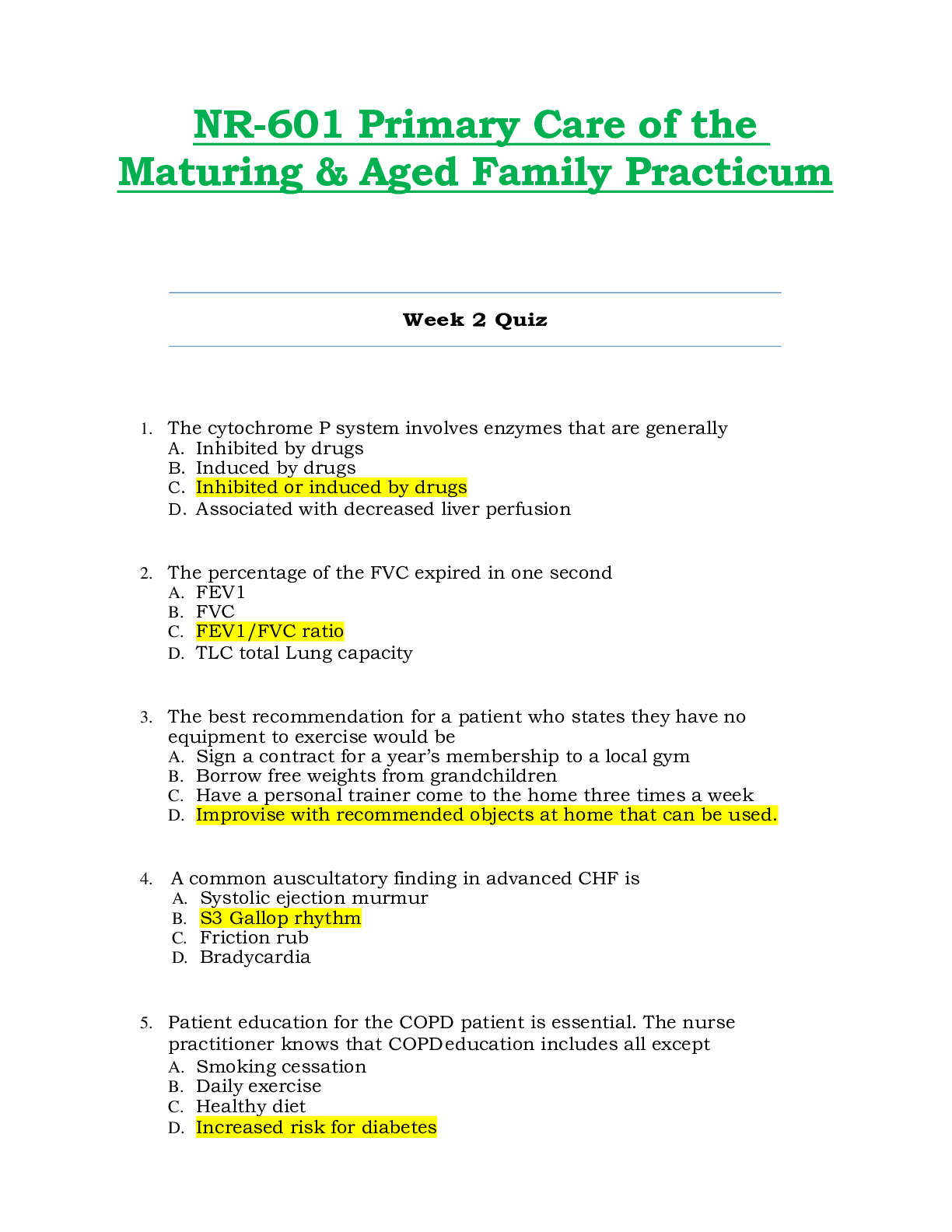 Preview image for NR601 / NR-601 Week 2 Quiz (Latest): Primary Care of the Maturing & Aged Family Practicum - Chamberlain
